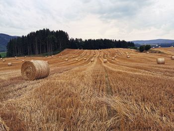 Hay bales on field against sky