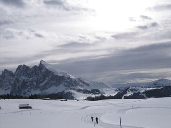 Scenic view of snow covered mountains against sky