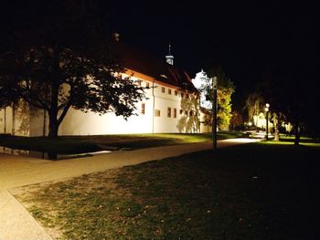 Trees by illuminated building against sky at night