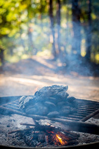 Charcoals on barbeque grill at field