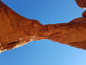 Low angle view of rock formation against clear blue sky