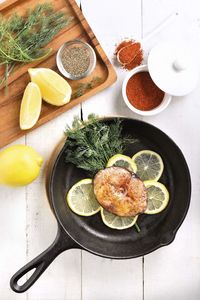 High angle view of fruits and vegetables on table