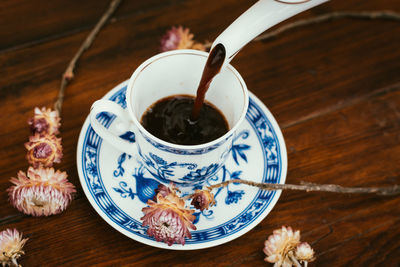 High angle view of coffee on table