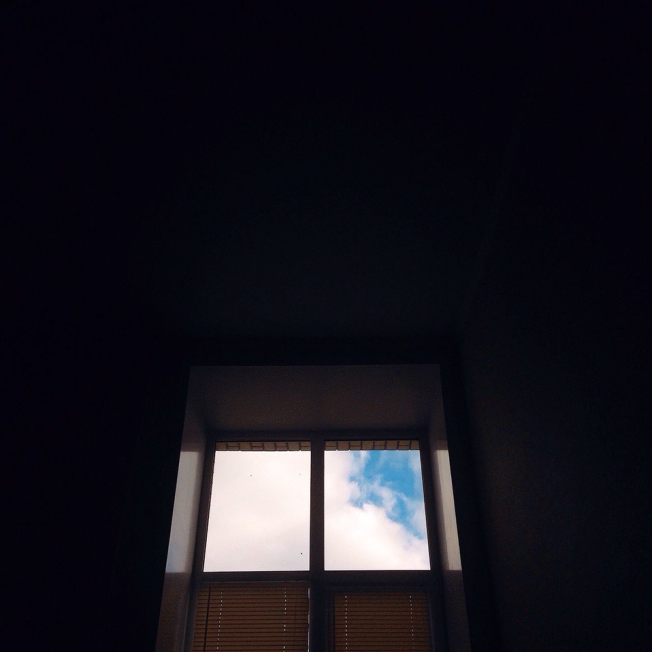 window, low angle view, dark, day, sky, no people