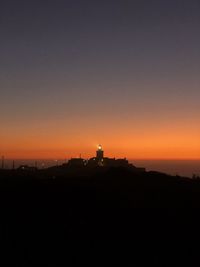 Silhouette buildings against clear sky at sunset