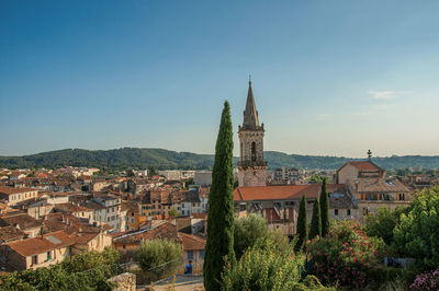 City view of the lively and gracious town of draguignan at sunset, in the french provence.