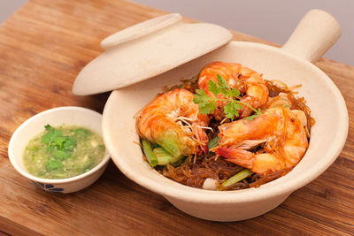 High angle view of food in bowl on table