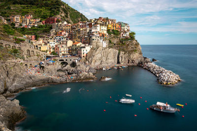 Aerial view of town by sea