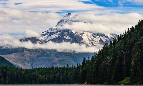 Scenic view of snow covered mountains against sky
