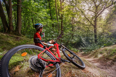Rear view of man riding bicycle