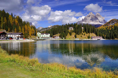 Scenic view of lake by mountains against sky