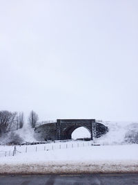 Scenic view of snow covered landscape against clear sky