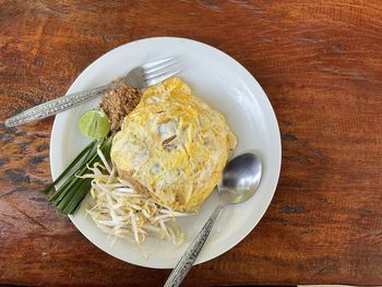 High angle view of breakfast served on table