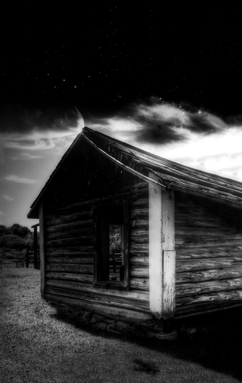built structure, architecture, sky, building exterior, cloud - sky, cloudy, house, wood - material, abandoned, weather, roof, old, overcast, outdoors, cloud, no people, wood, dusk, day, obsolete