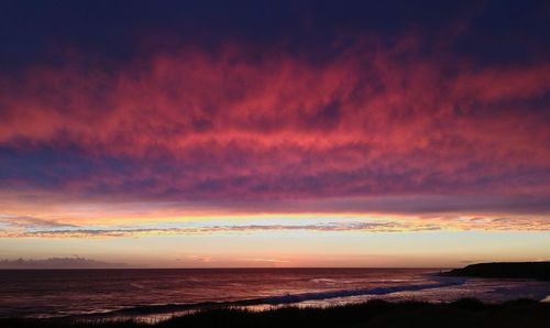 Scenic view of sea against dramatic sky during sunset