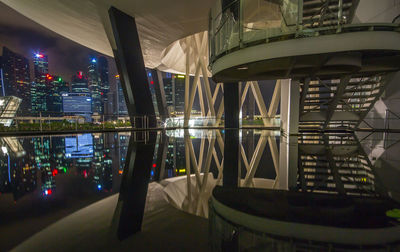 Reflection of illuminated buildings in city at night