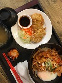 High angle view of meal served on table