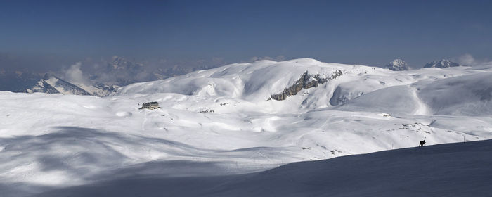 Sunny day on dolomites, walking on the mountain