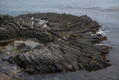 High angle view of rock formations at shore