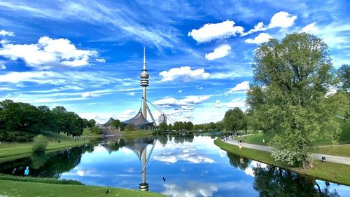 Scenic view of lake and buildings against sky