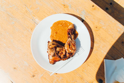 High angle view of food in plate on table