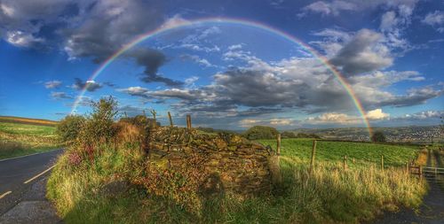 Rainbow over field against sky