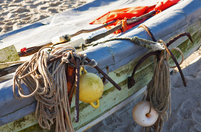 High angle view of fishing net  in a fisher boat on land