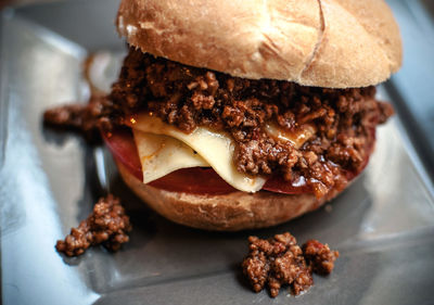 Close-up of burger in plate