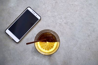High angle view of drink on table