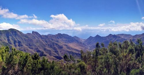 Panoramic view of trees and mountains against sky