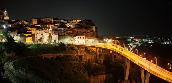 High angle view of illuminated buildings at night