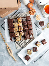 High angle view of chocolate cake on table