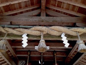 Low angle view of tassels hanging on roof beam