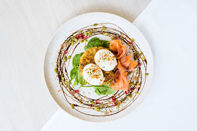 High angle view of breakfast served on table