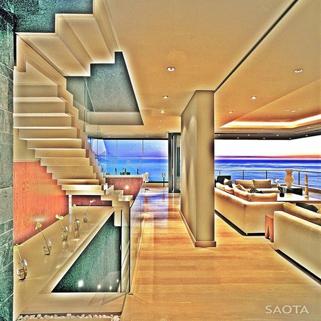 architecture, indoors, built structure, window, building exterior, ceiling, railing, swimming pool, glass - material, absence, no people, day, building, modern, high angle view, sunlight, sea, city, balcony, reflection