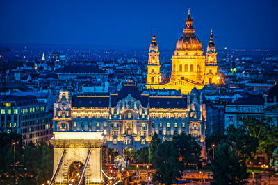 Illuminated buildings in city