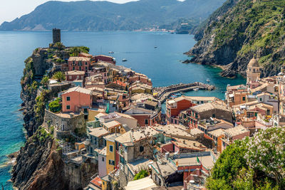 View of vernazza village  and sea bay of  cinque terre area,  liguria, italy,  june, 2019.