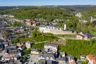 High angle view of townscape and buildings in town