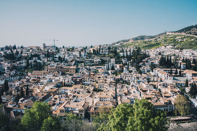 High angle shot of townscape against sky