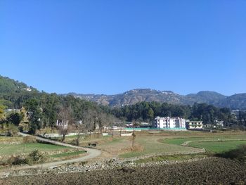 Scenic view of field against clear blue sky