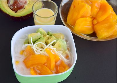 High angle view of food in bowl on table