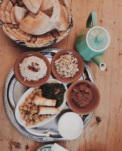 High angle view of breakfast served on table