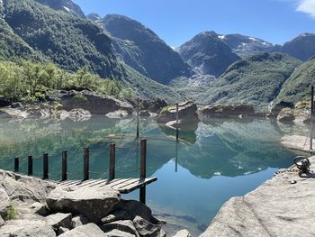 Scenic view of lake and mountains against sky