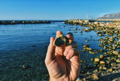 Midsection of person holding pebbles at beach against clear sky