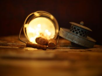 Close-up of illuminated candles on table