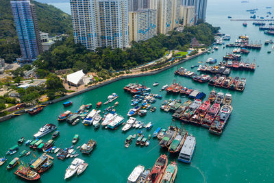 High angle view of boats at harbor