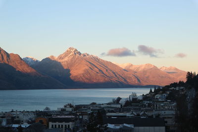 Scenic view of sea and mountains against sky