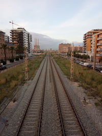 Railroad tracks amidst buildings in city against sky