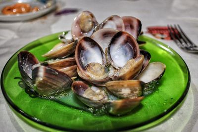 Close-up of seafood in plate on table