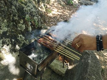 High angle view of food on barbecue grill